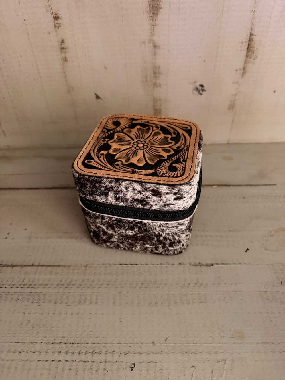 Floral Tooled Leather Top Jewelry Box in Black and White